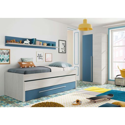 Pack Dormitorio Juvenil Infantil Color Azul Y Blanco (cama Nido +