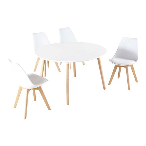 Conjunto comedor nórdico, mesa redonda, 4 sillas, patas madera