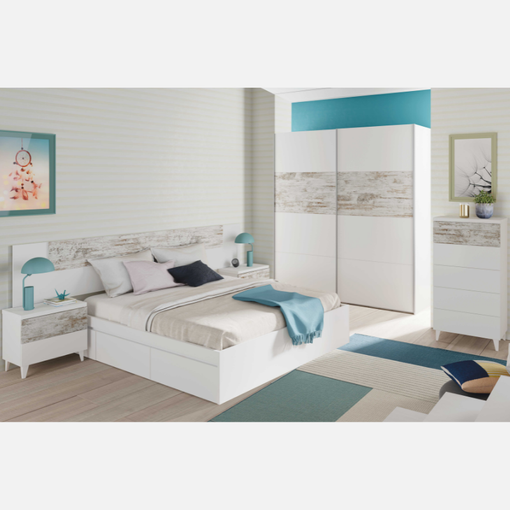 Conjunto muebles habitacion nordico blanco 150cm (cabecero+2mesitas+cama+ comoda)