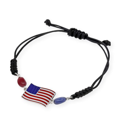 Pulsera Macramé Con Bandera De Estados Unidos En Plata De Ley 925 Con Zafiros Y Rubíes
