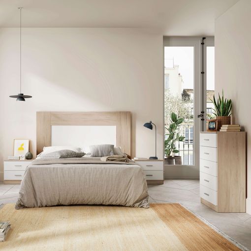 Pack Dormitorio Con Cabecero, Cómoda Y 2 Mesitas 2c - Blanco Y Sahara