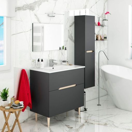 Pack Conjunto De Baño Mueble Con Espejo A Juego Lavamanos Cerámico +  Columna Color Gris Ceniza con Ofertas en Carrefour