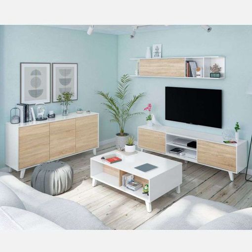 Muebles Para Salón Completo Color Blanco Y Roble Canadian (mueble Modular +  Mesa Centro + Mesa Comedor) con Ofertas en Carrefour