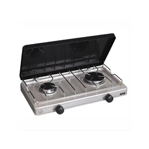 Cocina Gas Portátil Camping, 2 Quemadores, Rejilla Esmaltada, Tapa