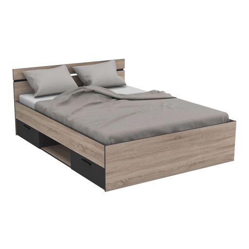 Cama 2 Cajones Michigan Estilo Industrial Habitación Roble Y Negro 135 O  140 Cm con Ofertas en Carrefour