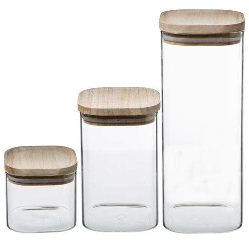 Juego de botes de almacenamiento de 1/3 tarros de cristal transparente  apilables con cierre hermético y tapas de madera de acacia retro en relieve