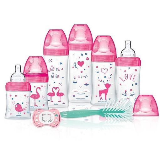 Set rosa para recién nacido con biberones de silicona