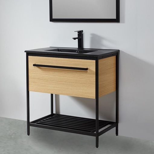 Mueble De Baño Al Suelo Con Lavabo Cerámico, 3 Cajones Con Cierre  Amortiguado Y Organizador, 80 Cm Roble Natural - Tirador Negro con Ofertas  en Carrefour