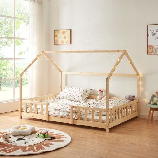 Cama Infantil Tipo Montessori, Casita Madera Natural para niño y