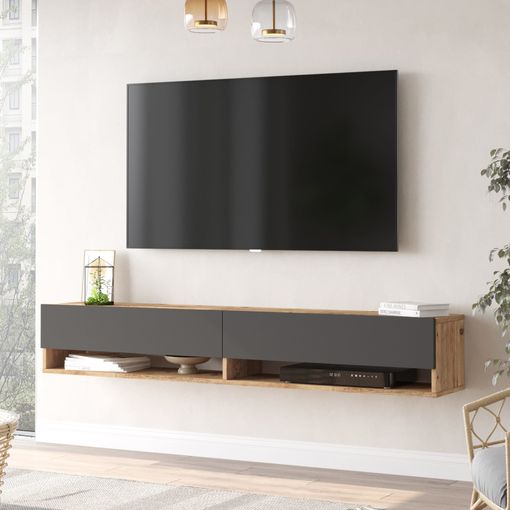 Mueble TV de madera en negro y natural, 180,5 x 40 x 53,1 cm