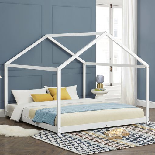 Haus cama alta con tobogán para colchón de 90x190 lacada en blanco