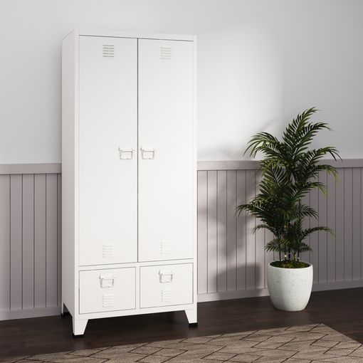 Armario Ropero Hankasalmi (2 Puertas 1 Perchero 4 Compartimento 2 Cajones)  Acero 180 X 90 X 40 Cm - Blanco [en.casa] con Ofertas en Carrefour