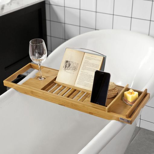 Bandeja de bambú para bañera con soporte para libro y vino - VIRTUAL MUEBLES