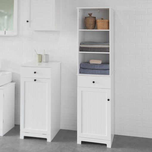 Mueble columna de baño Armario Alto para baño con 1 Cajón ,1 Puerta Y 3  Estantes Blanco 35 x 32 x 161 cm BZR36-W SoBuy ES