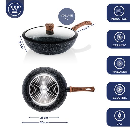 Wok antiadherente 30cm, libre de PFOA y apto para inducción.