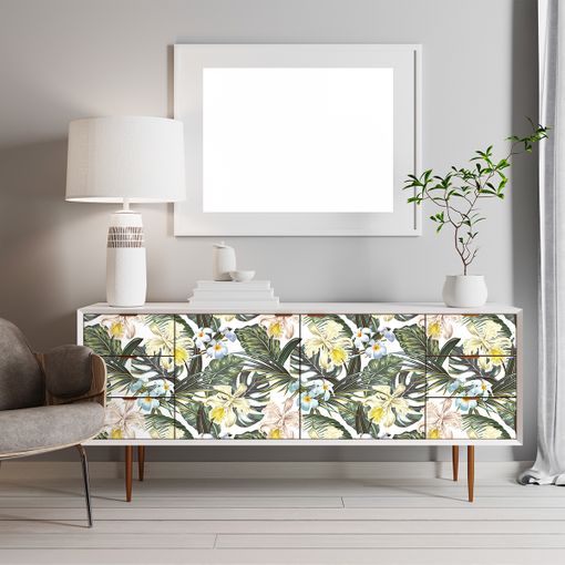 Papel adhesivo de plantas tropicales para muebles.