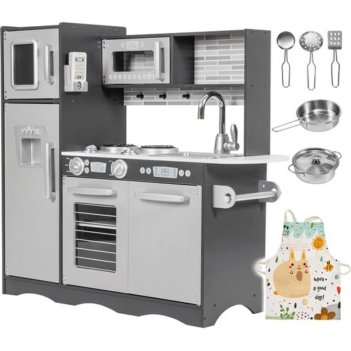 Costzon Juego de cocina para niños, juego de cocina de madera con sonido de  imitación, fregadero, estufa, nevera, horno, microondas, juego de juguetes