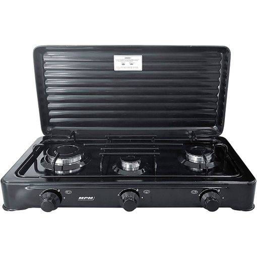 MPM KN-03/1KB Cocina Gas Portátil Camping, 3 Quemadores, Rejilla Esmaltada,  Tapa Protectora, Normativa G30-37 mbar Negro