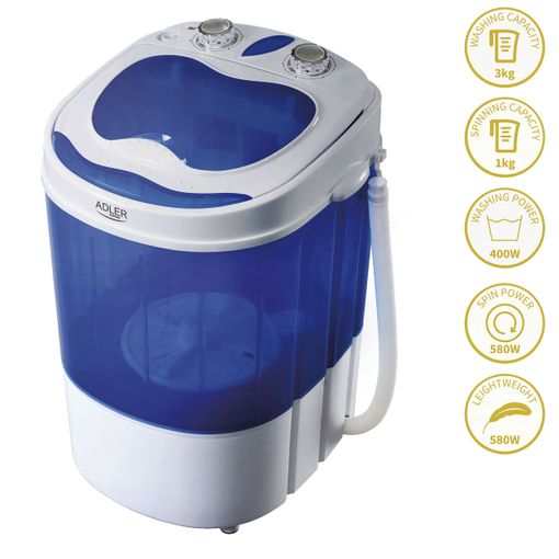 Mini Lavadora Centrifugadora Portátil, 3kg Lavado, Pograma Lavado 15m,  Ideal Camping Caravanas Blanco/azul 150w Adler Ad8051