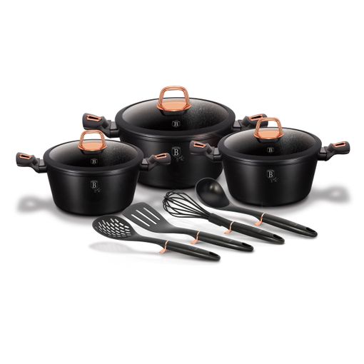 Batería de cocina - BERLINGERHAUS Carbon Pro, Batería Cocina Inducción 10  Piezas, Antiadherente Mármol sin PFOA, Aluminio, 3 Cazuelas