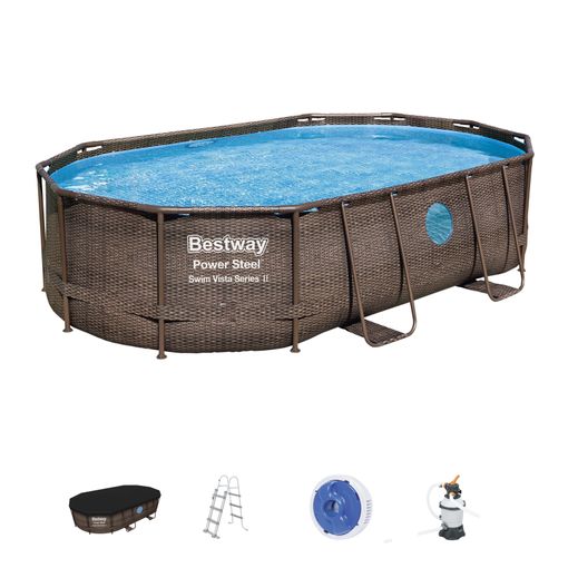 Piscina Desmontable Tubular Bestway Power Steel Oval Diseño Ratán 488x305x107 Cm Con Depuradora Cartucho 3.028 L/h Con Cobertor Y Escalera