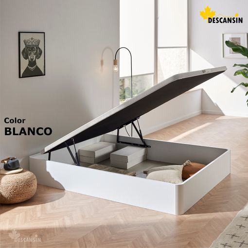 Canape Abatible Descansin, 135 x 190, Blanco, Patas en Madera de Haya  Maciza, Reforzado, Gran Almacenaje