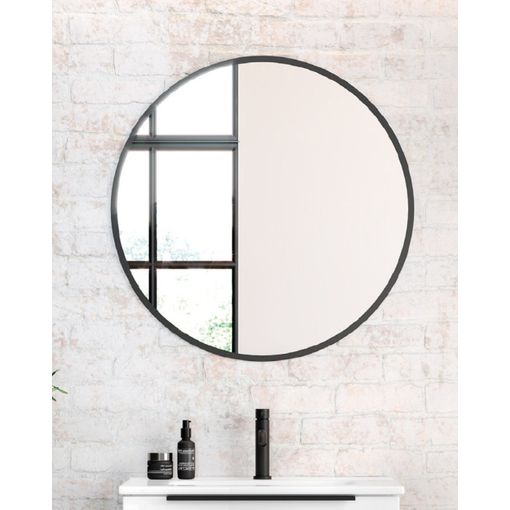 Espejo Redondo Colgante Decorativo Borde Negro 70 x 70 cm con Luz LED, Doble Sensor Táctil, Espejo Led de Baño Redondo Colgar
