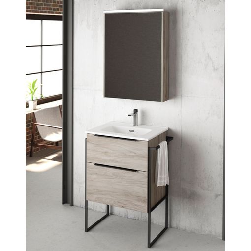 Mueble Baño al Suelo con Lavabo Cerámico, 80cm, 2 Cajones Puerta Lateral  Cierre Amortiguado y Organizador Diseño Industrial, Roble Natural - Oro