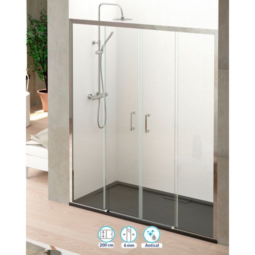 Mampara Ducha Corredera 2 Puertas 2 Fijos, 155 cm (Adaptable 152-157cm), Vidrio 6 mm Transparente Antical, Perfil Cromo