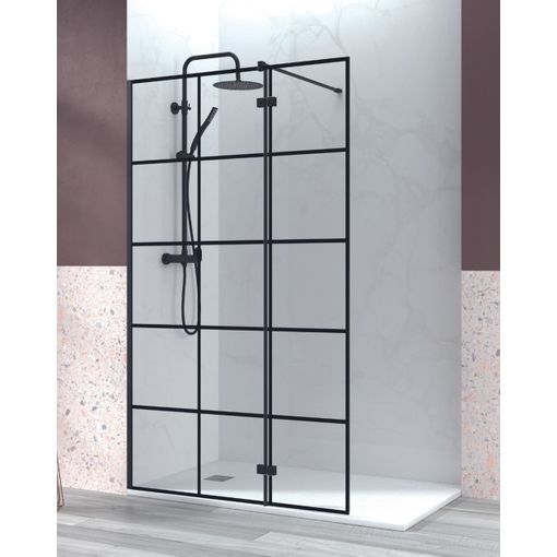 Mampara De Ducha Fijo De Ducha + 1 Puerta Abatible, Cristal Templado 6mm  Antical Cuadrícula Negra, 195cm Altura, Perfil Negro Mate - 80cm + 40cm  con Ofertas en Carrefour