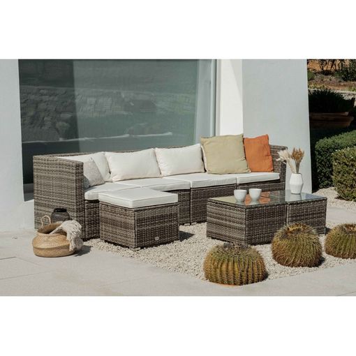 Conjunto Muebles Jardín Bahamas Conjunto Central Doble Mesa Gris Pardo 3  Módulos Centrales, 1 Puf, 2 Mesas Ratán Sintético con Ofertas en Carrefour