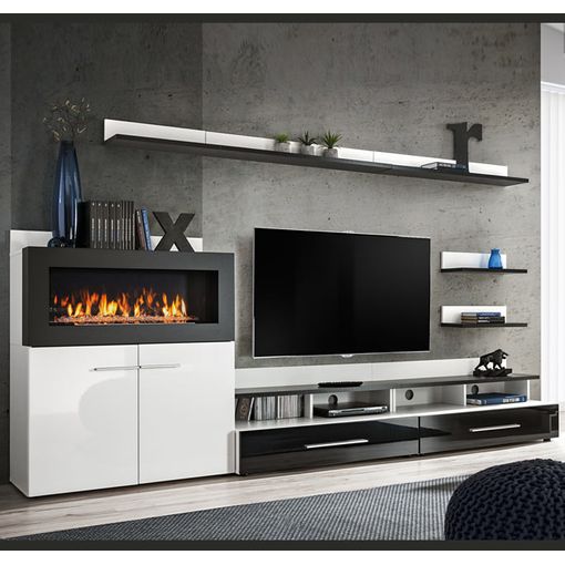 Mueble salón comedor con chimenea eléctrica con 5 niveles de llama, acabado  Blanco Mate y Blanco Brillo Lacado, medidas: 290 x 170 x 45 cm de fondo