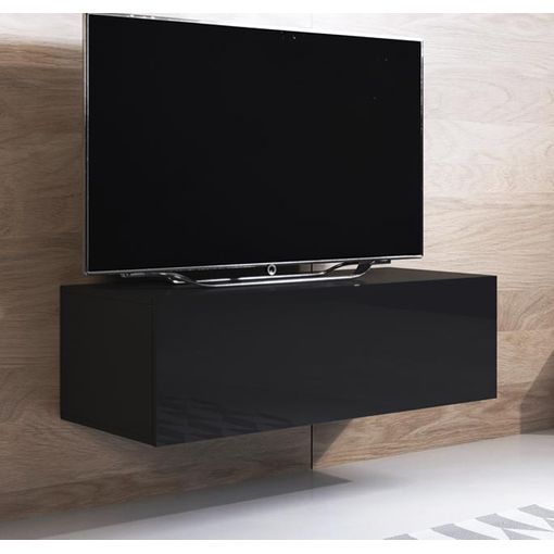 Mueble TV moderno negro y madera 4 compartimentos 3 puertas 200cm Corona  Low Cyt