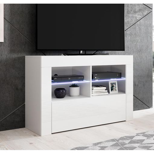 Mueble Tv 1 Puertas 2 Estantes – Blanco Acabado En Brillo Led – 100 X 65 X 35cm – Lilian