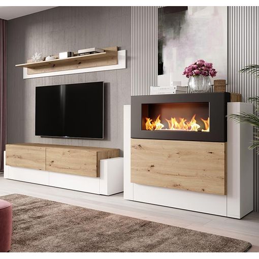 Mueble de salón con TV y chimenea