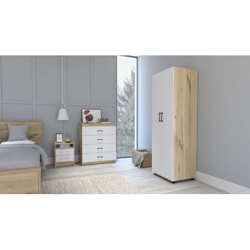 Pack Dormitorio Matrimonio Completo en Blanco y Roble Canadian  (cama135-150cm + Armario + Cabezal con