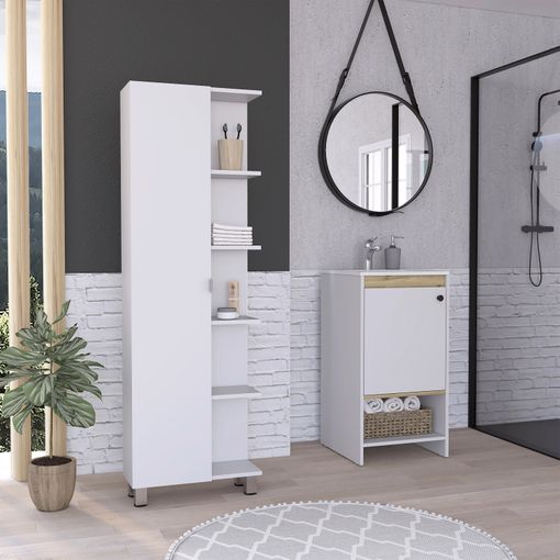 Conjunto Malaga, Mueble Columna De Baño 1 Puerta + Mueble De Baño De Pie  Con Lavamanos