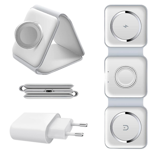 Cargador Inalámbrico Plegable 3x1 Magsafe 15w + Soporte Para Iphone Y Apple  Watch