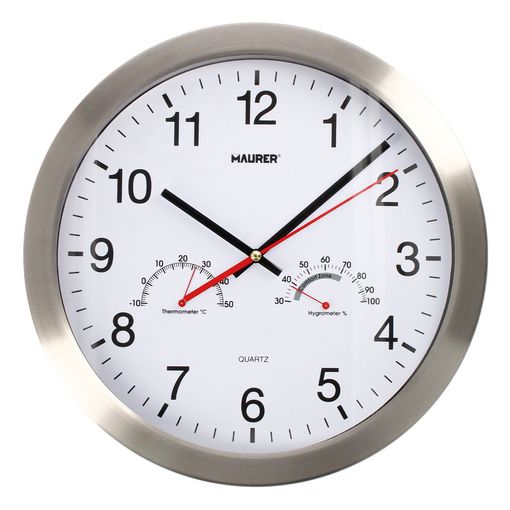 Reloj Pared 30 Cm Con Higrometro Y Termometro Frontal En Acero..