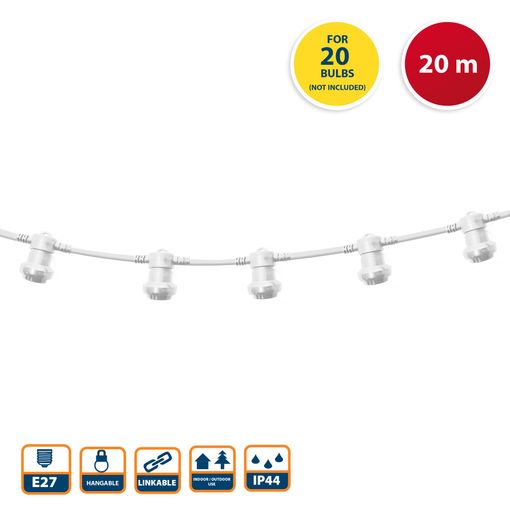 Party Light: Guirnalda Luminosa De Exterior Ip44 Extensible 20m, 20 Casquillos E27, H05rn-f2x1mm2, Color Blanco