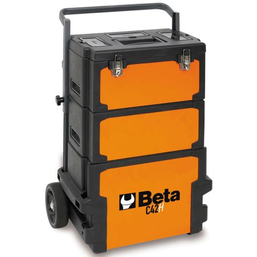 Abrir caja de herramientas de plástico vacía de color negro y naranja.