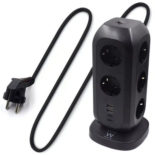 Regleta de enchufes, 3 Tomas, USB-A 17 W, interruptor, 1,4 m, negro