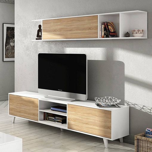 PRICA. Mueble TV salón 2 puertas roble y blanco - Momma Home