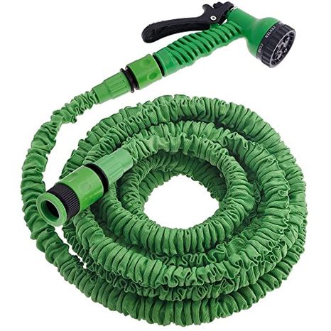 Manguera jardín espiral extensible con pistola riego multifunción y  adaptador conector a grifo 1/2” y 3/4”. Auto enrollable.