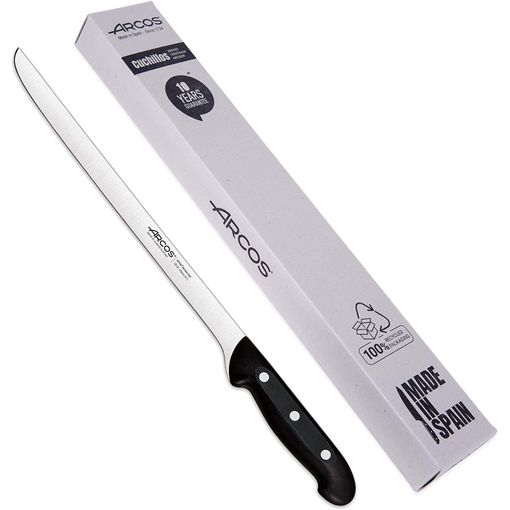 Arcos jamonero Profesional, Cuchillo jamonero jamonero Inoxidable Nitrum, Mango Negro, Cuchillo Jamon iberico, Serie Maitre, Hoja Flexible y Filo  Liso, 275 mm