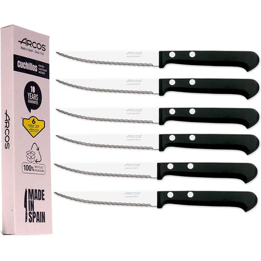ARCOS Juego de cuchillos forjados para carne de 12 piezas. 6 cuchillos + 6  tenedores. Acero inoxidable de alto carbono endurecido y templado con borde