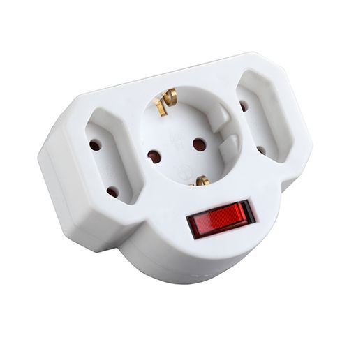 Adaptador italiano: 1 toma Schuko 10 / 16A + 2 tomas 10 / 16A. Enchufe 16A