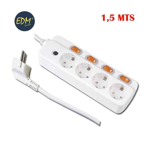 Base multiple Regleta 4 enchufes + 4 Interruptores Independientes Cable  3x1,5mm