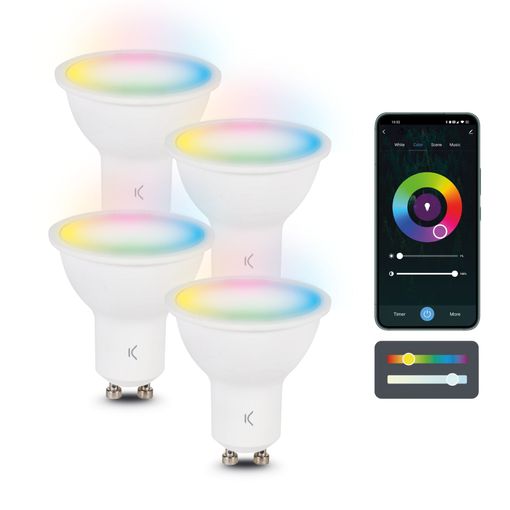 Bombillas inteligentes SmartLED GU10 Ksix, 5,5W equivalente 35W, Pack 4,  400 lm, App Compatible Alexa, Google Home, Siri, CCT