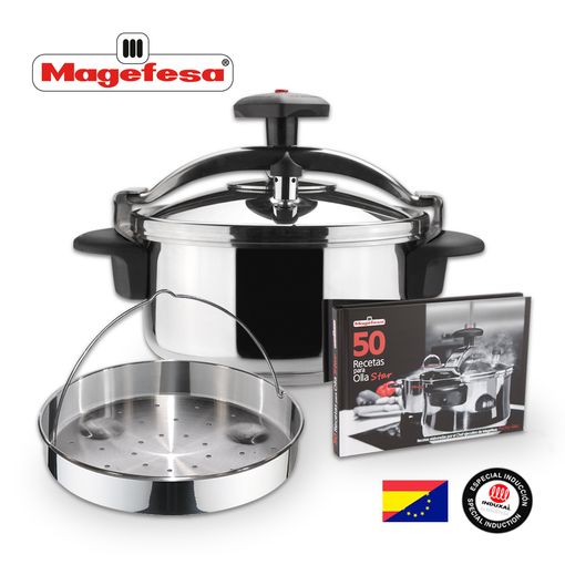 Magefesa Star - Olla A Presión Rápida De 4l + Cestillo + Libro De Recetas, Acero Inoxidable 18/10